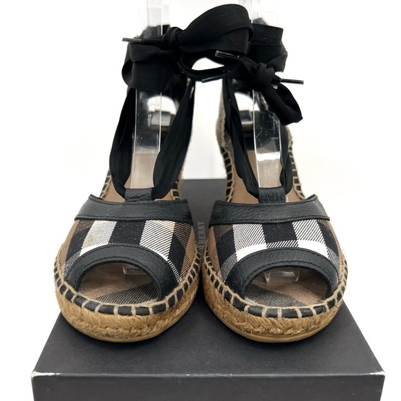 Burberry Espadrille Black Tan Brown Check Logo Tartan Plaid Print Wedge size 40 - Picture 5 of 16